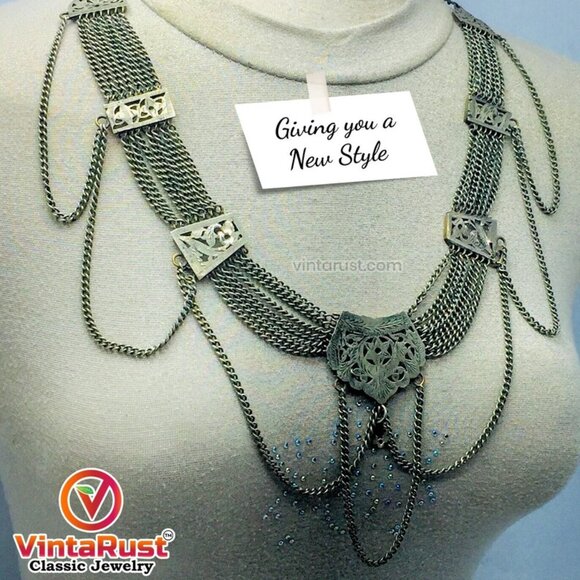 Multilayers Silver Kuchi Necklace, Vintage Gypsy Tribal Necklace - Picture 3 of 8